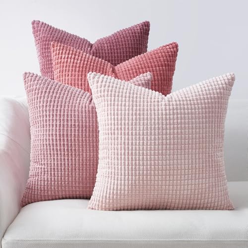 Topfinel 4 Packs Pink Decorative Throw Pillow Covers 22x22 Inch for Living Room Couch Bed Sofa, Boho Western Farmhouse Home Decor, Square Soft Moss Corduroy Fall Cushion Case 55x55 cm by Topfinel