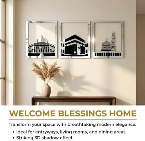 iwa concept Masjid Al Aqsa, Kaaba & Masjid An-Nabawi Islamic Wall Art, Wooden Blessed Places Islamic Wall Decor, Gift for Muslims at Ramadan Eid (Large, Silver | All Three) - Image 3