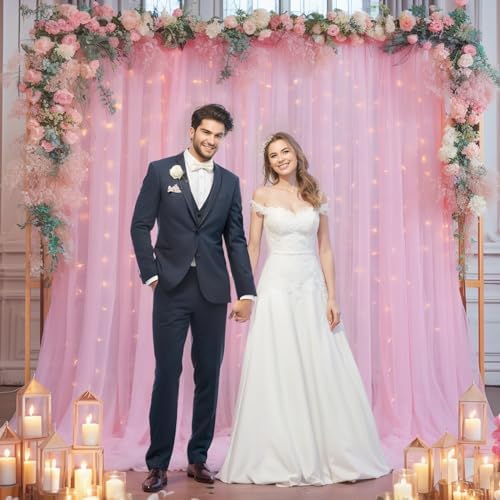 10x10ft Pink Tulle Backdrop Curtain with Lights String for Parites, Sheer Backdrop Drapes for Baby Shower Wedding Birthday Party Photo Shoot Decorations - Image 3