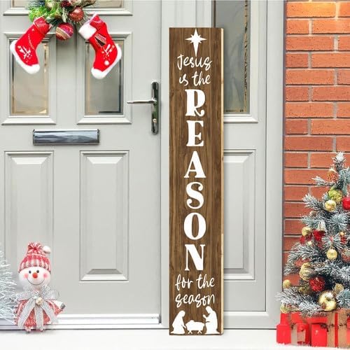 SRongmao Jesus Is The Reason For The Season Porch Sign Christmas Front Door Hanging Decorations 8x48inch Vertical Wooden Indoor Outdoor Standing Signs For Home Yard Farmhouse Holiday Decor - Image 2