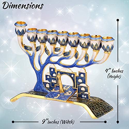 Matashi Hand Painted Blue Enamel Menorah Candelabra Embellished with - Image 7