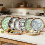 Round Rattan Tray with Mother of Pearl Inlay, Decorative Basket with Wooden Base, Woven Tray for Kitchen Island Decor, Table Decor, Storage and Display of Food (Checkerboard, 13.8") - Image 7