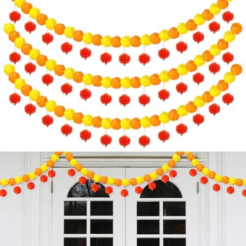Riceshoot 3 Pcs Marigold Garland 4.6 ft for Day of The Dead Decor, Mixed by Zuqqaaoor