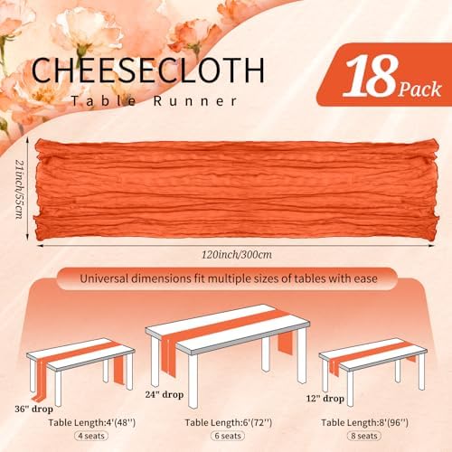 18 Pack Cheesecloth Table Runner 10FT Orange Table Runner Boho Gauze Cheese Cloth Table Runners Long Rustic Sheer Table Decorations for Wedding Party Baby Bridal Shower Birthday Holiday Home - Image 2