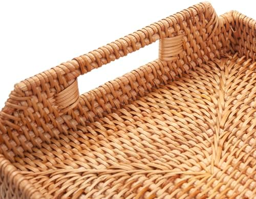 Rattan Serving Tray with Handles, Rectangular Wicker Basket Tray, Hand Woven Flat Basket for Coffee Table Dinning Room Bathroom (17 x 11.4 x 1.8 inch) (Pack of 2) - Image 3