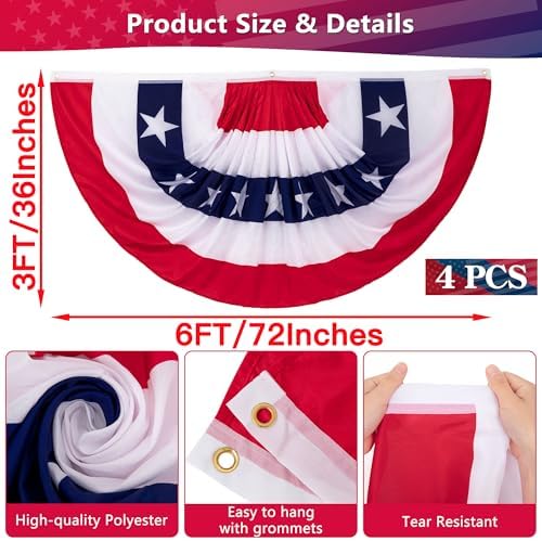 3 x 6 Ft Bunting Flags, Large Patriotic USA Pleated Fan Flags, 4th of July Decorations Bunting Banner Half Fan Flag for Independence Day Memorial Day 250th Anniversary Outdoor Home Door Yard Decor (Set of 4) - Image 2