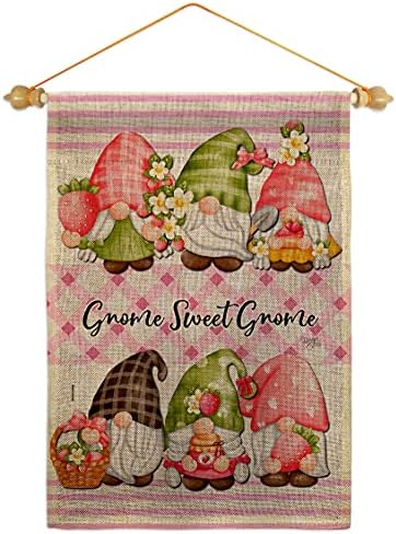 Gnome Sweet Burlap Burlap Garden Flag Set Wood Dowel Life Home Flower Vintage Rustic Everyday Floral Classic Small Decorative Gift Yard House Banner Double-Sided Made In USA 13 X 18.5 by Breeze+Decor