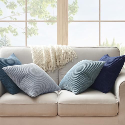 Topfinel Decorative Throw Pillow Covers Aque Teal Blue Gray Series,Summer Corduroy Striped Toss Pillows for Couch,Patio,Balcony,Children Bedroom,Modern Fluffy Blue Gradient Shams 26x26 Inch Set of 4 - Image 2