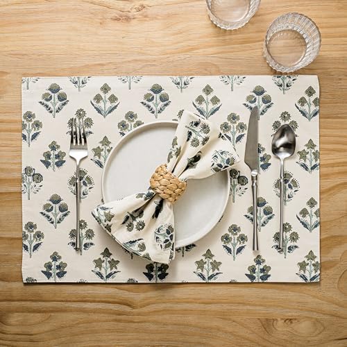 Block Print Floral Decorative Placemats Set of 6, Olive - Image 4