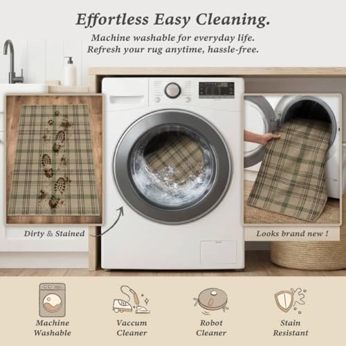 JTJ Easy Jute 3x6 Kitchen Runner Rug, Beige & Sage Plaid, Washable - Image 6