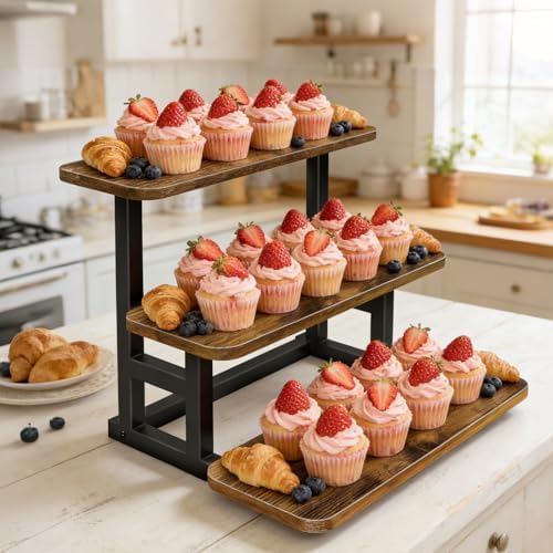 Lilybud--lily 3 Tier Cupcake Stand, Wooden Risers Display Stands Stepped Dessert Table Display Set with Metal Frame Tiered Tray Stand Serving Trays for Party Farmers Market Display - Image 6