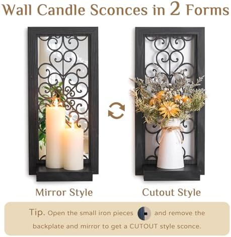 Black Gothic Wall Candle Sconces Set of 2 with Real Glass Mirror - Image 2
