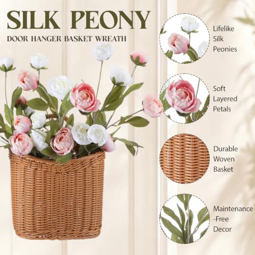 Fuutreo Faux Silk Peony Basket Wreath Artificial Floral Door Hanging Basket - Image 3