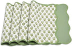 CPC Cotton Placemats Emerald Green Set of 4-Hand Block Printed Reversible Placemats, Flower Scalloped & Embroidered Cloth Table Mats - 14 x 20 inch Gift for Spring, Mother's Day - Image 3