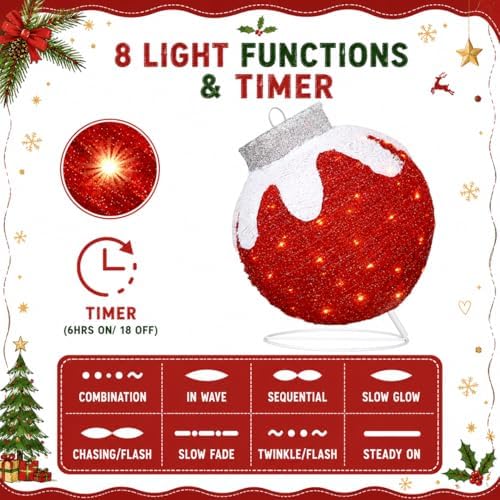 2 Pcs Outdoor Christmas Ornaments, Lighted Pop-Up Holiday Ball Decoration with 160 LED Lights, 8 Light Functions, Lighted Collapsible Christmas Outdoor Decorations for Yard, Patio, Home - Image 3