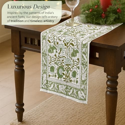 CPC Agate Green Block Print Cotton Table Runner 16x106 Inch Long Runner - Image 4