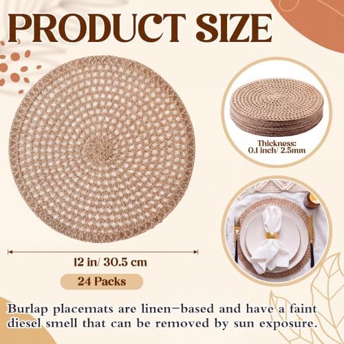 12 Inch Round Burlap Woven Placemat Set of 24 Boho Jute Charger - Image 2