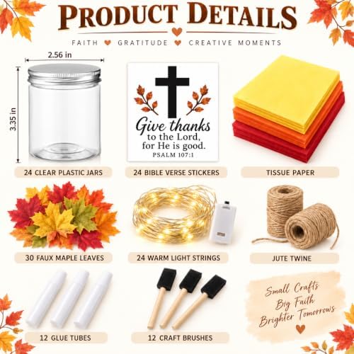 Cinrobiye 24 Sets Fall Thanksgiving Mason Jar Suncatcher Craft Kit, Christian DIY Window Art with Bible Verse Cross Stickers, Maple Leaves and Tissue Paper for Church Family Activities - Image 2