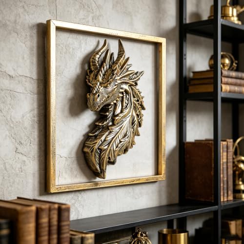 Gold Dragon Head Wall Decor with Metal Frame, Resin Fantasy Dragon Wall Hanging Sculpture, Retro Mythical Animal Head Wall Art Ornament, Luxury Wall Decoration for Living Room Bedroom Office Home - Image 5