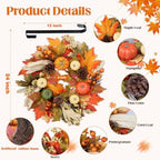24 Inch Fall Wreaths for Front Door,Autumn Pumpkin Maple Wreath with Hanger - Image 2