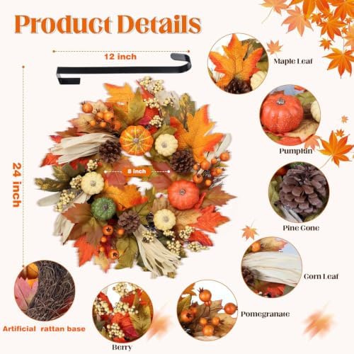 24 Inch Fall Wreaths for Front Door,Autumn Pumpkin Maple Wreath with Hanger - Image 2