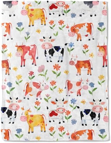 Cartoon Cow Fleece Blanket - Lightweight Soft Cozy Gifts Throw for Animal Lovers, Kids,Women,Cute Cattle Blankets,Cheerful Whimsical Design,Home Room Modern Farmhouse Decor 60x80in by AINORI