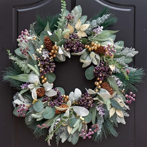 Winter Wreaths for Front Door, Soomeir Artificial Winter Door Wreath with Snow Leaves, Pine Needles and Blueberry Berries, for Home Window Indoor Outdoor Decor Decorations by SoomeirWreath