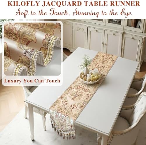 kilofly Elegant Floral Brocade Jacquard Table Runner Tassels (89 x 12 inches) - Image 5