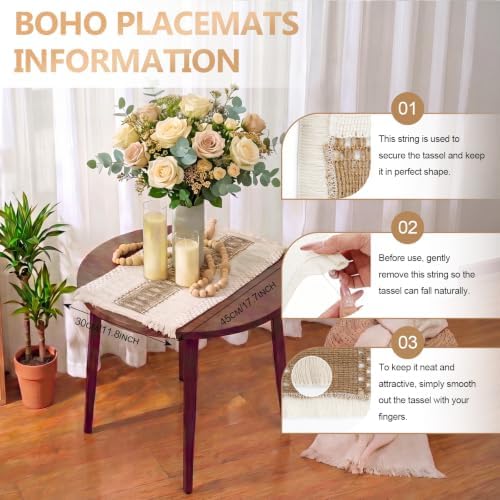 6 Set Boho Table Placemats, Natural Cotton Burlap Woven Mats with Tassels & Bead Napkin Rings, Farmhouse Macrame Table Decor for Autumn Dining, Wedding & Home Use - Image 5