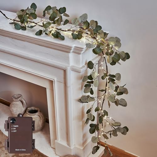 LITBLOOM Lighted Eucalyptus Garland Battery Operated with Timer 6FT 96 LED Artificial Greenery Twig Vine Lights for Room Stairs Mantle Wedding Holiday Decoration Indoor Outdoor by LITBLOOM
