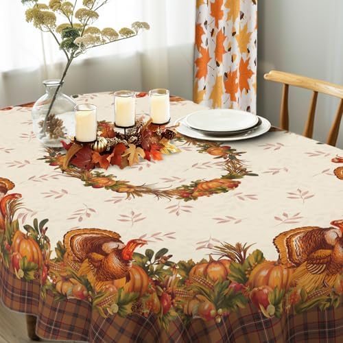 Thanksgiving Turkey Tablecloth Vintage Fall Pumpkin Table Cloth for Kitchen Decoration - 60" X 102" Oval - Image 4