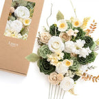Ling's moment Artificial Wedding Flowers Combo, Emerald & Beige, Deluxe by LingsMoment