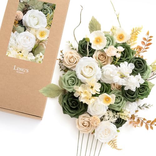 Ling's moment Artificial Wedding Flowers Combo, Emerald & Beige, Deluxe by LingsMoment