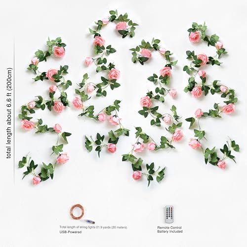 FiveSeasonStuff 29 Ft 4 Pack Amaranth Light Pink Rose Silk Flower Garland Artificial Flowers Decoration Hanging Floral with 66 feet String Lights - Image 5