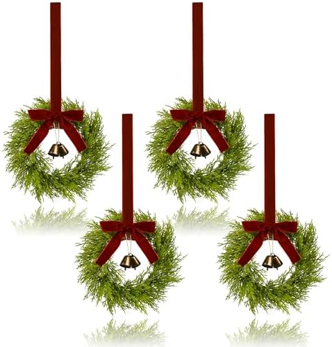 4Pcs Mini Christmas Cedar Wreath, 12 Inch Small Wreaths for Kitchen Cabinets, with Deep Red Bow Vintage Bells Pine and Cypress Leaves for Fireplace Window Farmhouse Indoor Home Decorations by JUSTOTRY