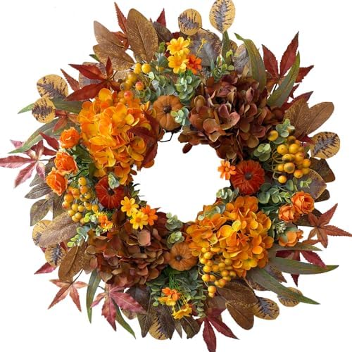 HipTree 24 Inch Fall Wreath for Front Door with Hydrangea&Velvet Pumpkin by HipTree