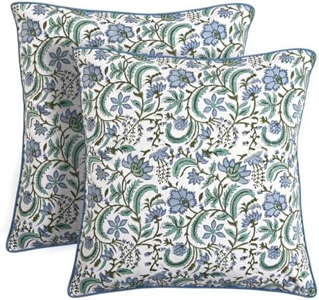 Ridhi Block Print Columbia Blue Pillow Cover 18" x 18" (Pack of 2) Decorative Couch Pillows for Living Room, Chic Boho Cute Outdoor Pillows Covers Gifts for Spring, Easter and Valentine by Ridhi
