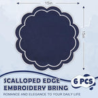 Whaline Dark Blue Linen Placemats Embroidered Round Scalloped Kitchen Table Mats for Party Home Dining Table Decor, Set of 6, 15 x 15 in - Image 2