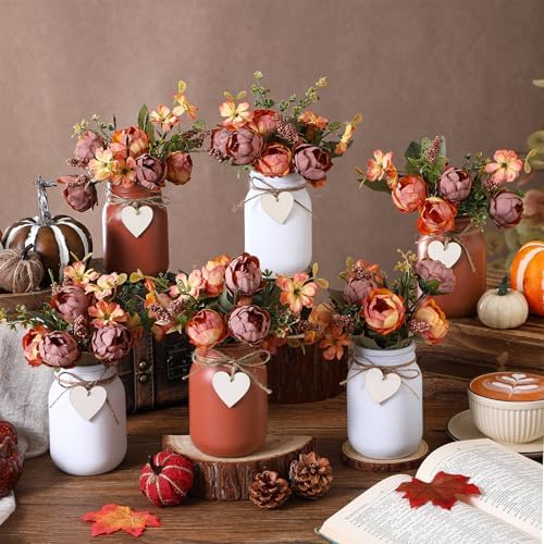 Lyrow 6 Pack Fall Mason Jar Table Centerpiece Autumn Centerpieces for Tables Orange Faux Floral Centerpiece Decorations Farmhouse Thanksgiving Mason Jar for Home Kitchen Tiered Tray Decoration - Image 5