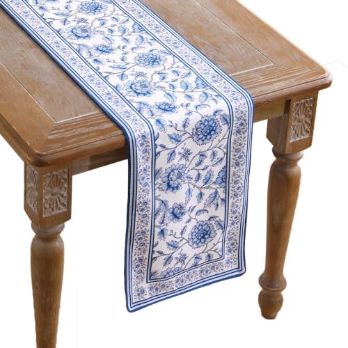 ISAENNE Designer French Linen Extra Long Table Runner,118"x12"-BlueWilow by Isaennehomedecoration