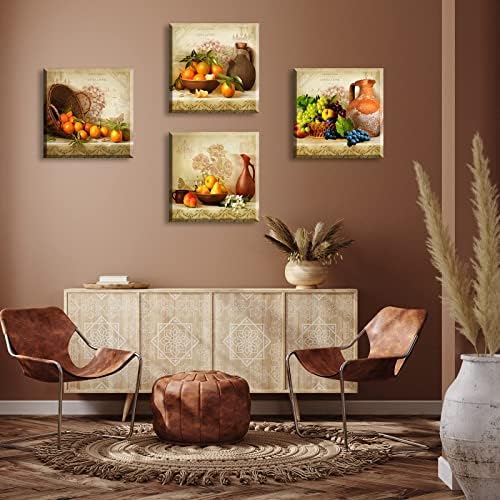 Kitchen Wall Decor 4-Piece Vintage Fruit Still Life Canvas Art 12x12 Inch - Image 4