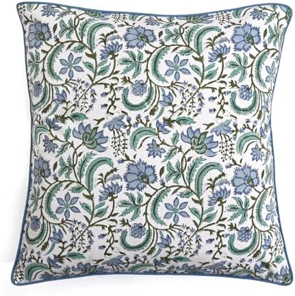 Ridhi Block Print Columbia Blue Cotton Pillow Cover 24" x 24" (Set of 2) - Image 5