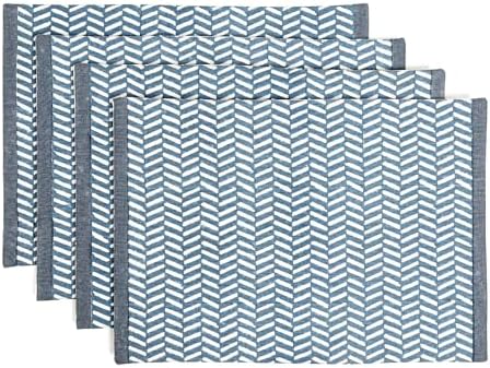 Over&Back Set of 4 Hand-Blocked Placemats - Colorful Dining Table Mat - Each Placemat is Unique - 100% Cotton - Machine Washable - Kitchen and Home Decor - Blue Herringbone by overback