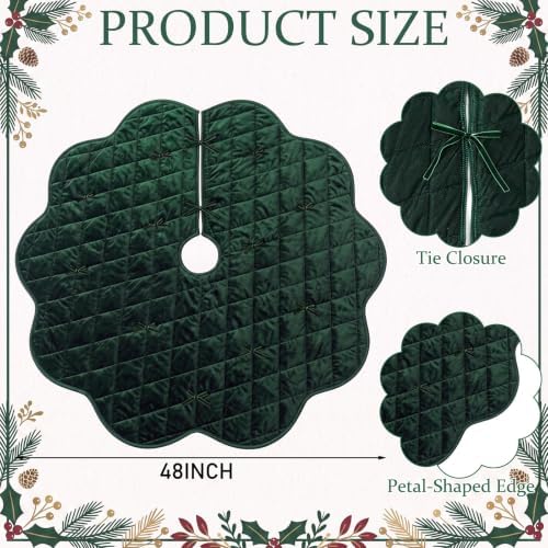48 Inches Quilted Christmas Tree Skirt, Thick Rustic Trees Skirt, Green - Image 2