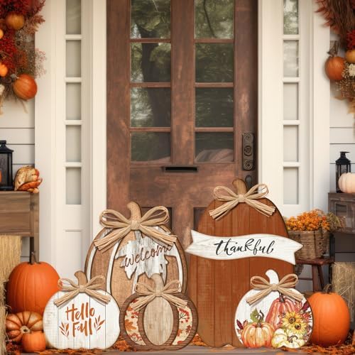 GlikCeil 5 Pcs Fall Pumpkin Signs Thankful Outdoor Thanksgiving Decor by GlikCeil