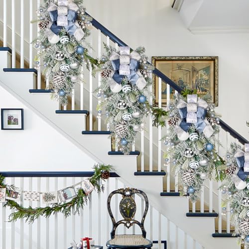 30" Christmas Teardrop Swag for Front Door Artificial Winter Swag Garland with Pine Cones, Berry Clusters, Blue Ball Ornaments and Ribbons for Thanksgiving Holiday Christmas Decoration - Image 5