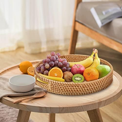 Round Rattan Serving Tray with Handles, Hand Woven Basket, Home Decor Organizer Tray for Breakfast, Tea, Snack, Fruit, Coffee,Storage (Large)(14.17inchX2.3inch) - Image 3