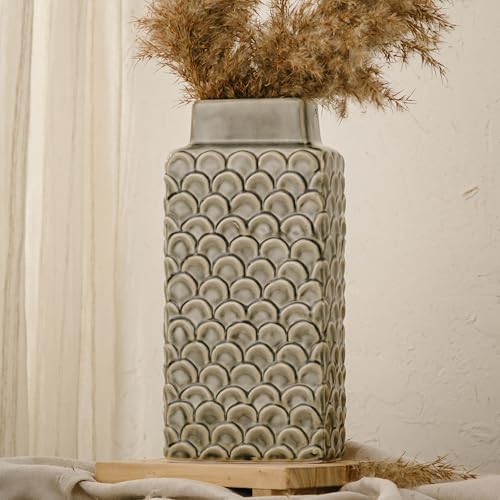 Ceramic Flower Vase, 12.6” Large Rustic Farmhouse Decorative Vase for Home Decor, Gray Textured Pottery Vase for Pampas Grass, Living Room, Entryway, Mantel, Kitchen Table by SUREYUESI