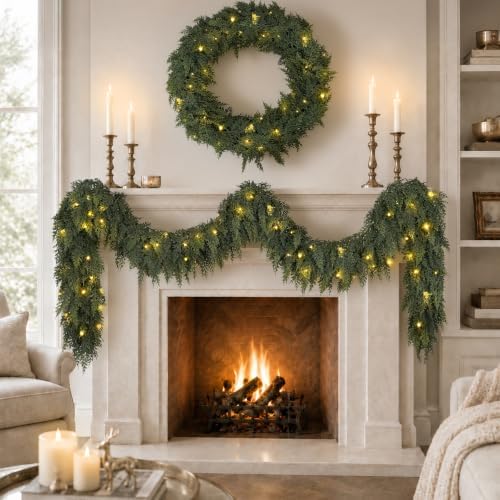 9FT Cedar Christmas Garland with Lights Realistic Prelit Pine Garland Decor - Image 5
