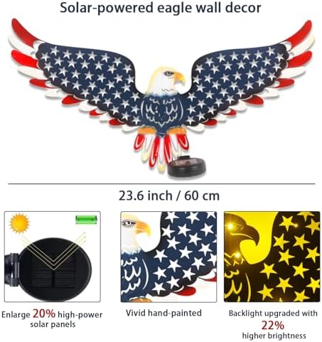 23" American Eagle Metal Wall Art with Solar Lights Outdoor Decorative - Image 4